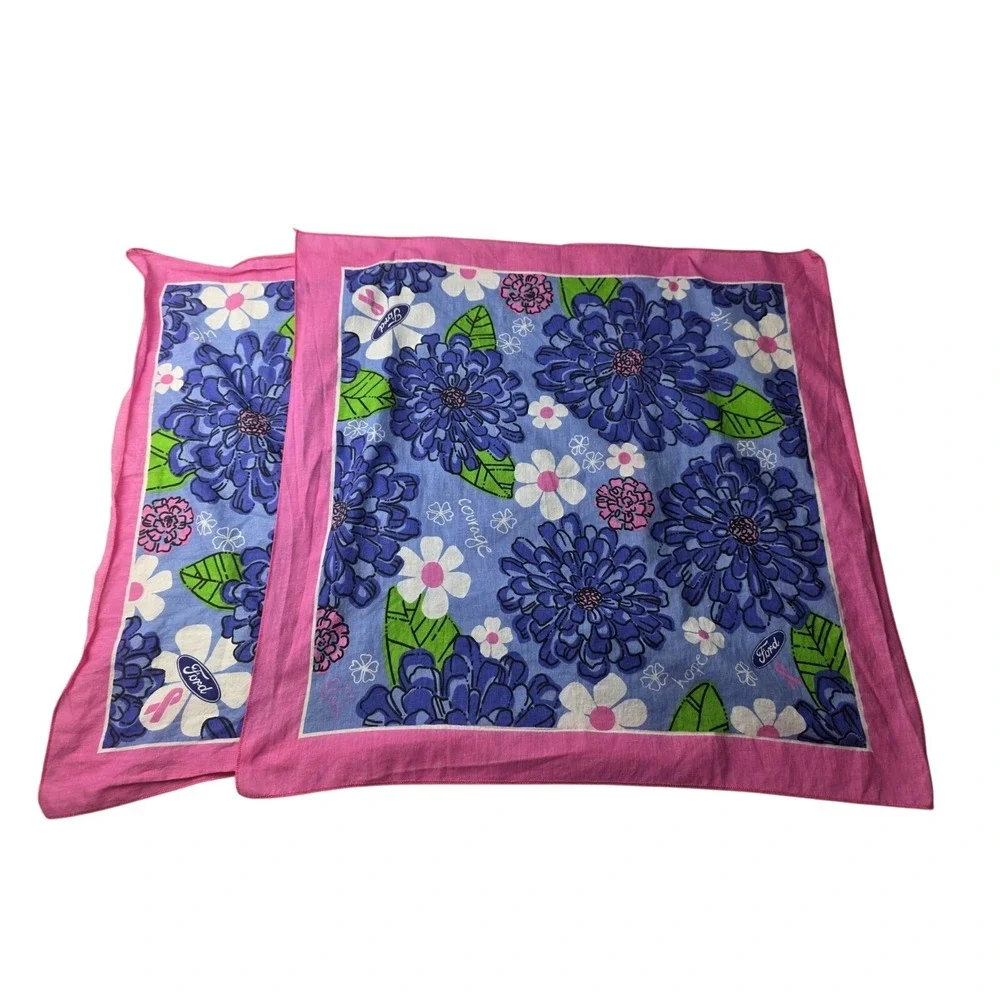 2 Lilly Pulitzer Ford Pink Blue Breast Cancer Bandana Scarf 20‎ Square Cotton